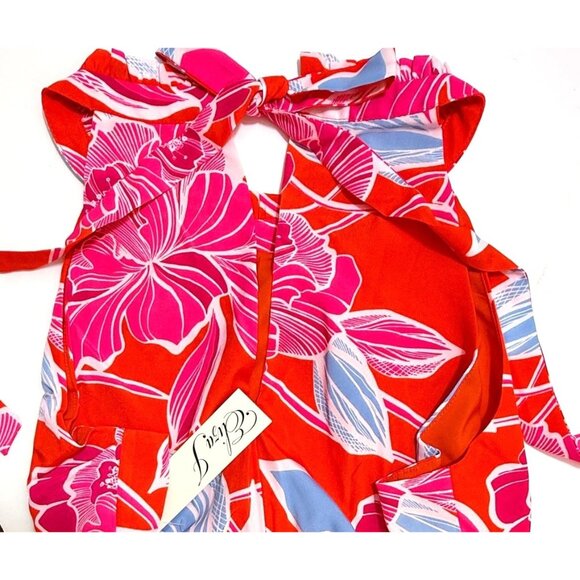 Eliza J Womens Red Pink Poppy Floral Pockets Halter Tiered Midi Dress Sz 12 New - Picture 5 of 8